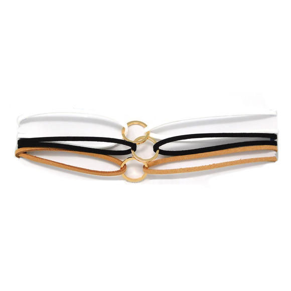 Suede Choker Necklace Bohemian Choker w/ Ring Set of 3 White Brown Black - Picture 1 of 8